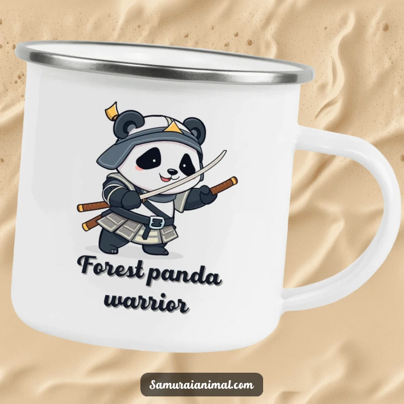 Funny Camping Mug featuring a plump panda in samurai armor playfully spinning a bamboo sword, ready for outdoor fun.