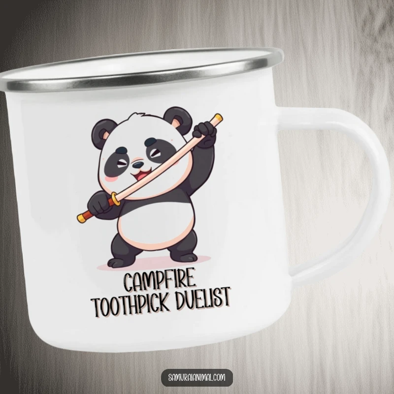 Funny plump panda wielding a toothpick sword, fierce & comical, determined grin, warrior camping mug, durable outdoor gear.