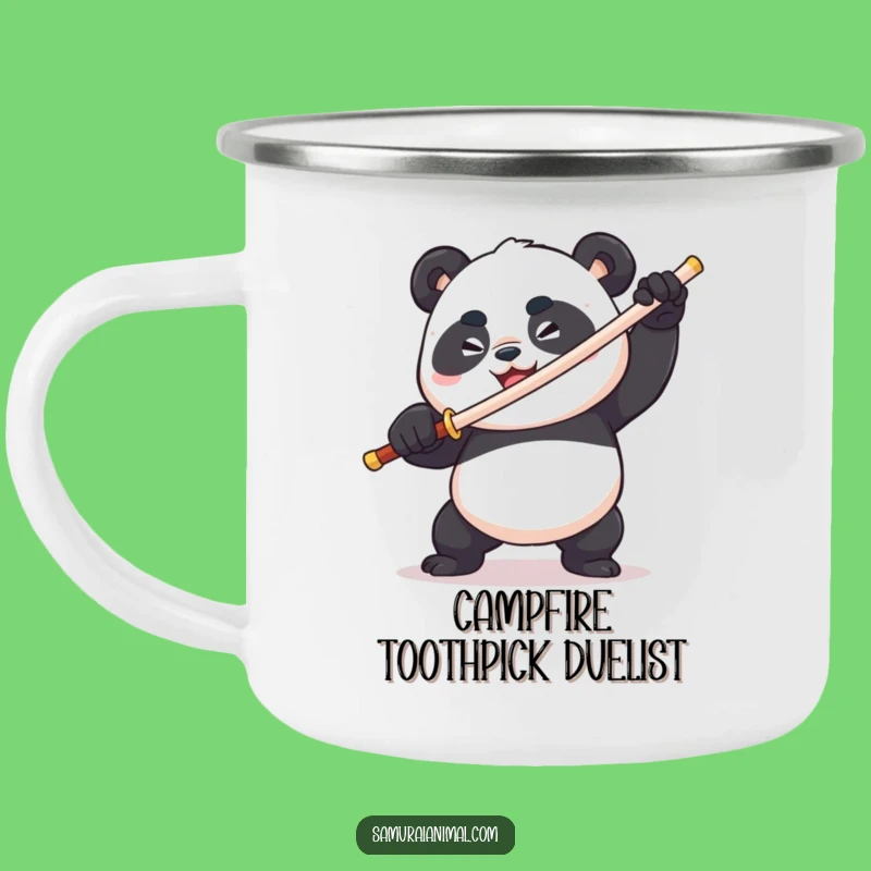 Funny Panda Toothpick Sword Camping Mug: Trail Adventures with a Comical Warrior
