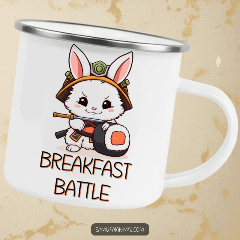 Funny Rabbit Samurai Camping Mug: A sturdy outdoor mug with a rabbit samurai parrying a sushi roll, ready for any adventure.