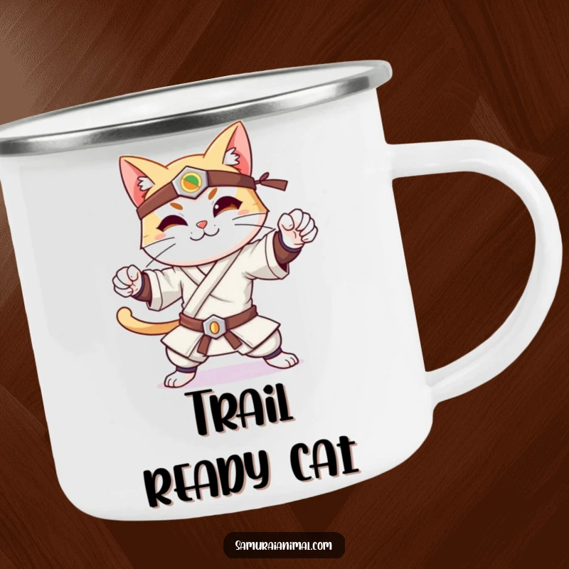 Funny camping mug with a cheerful cat in a strong samurai pose, smiling gently, ready for the great outdoors.