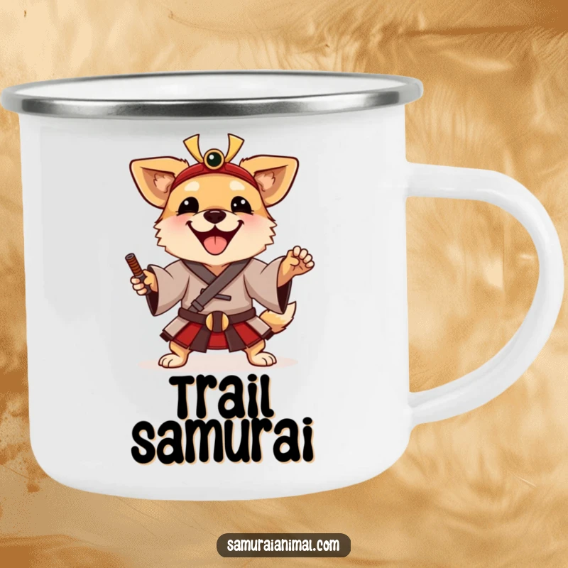 Funny Camping Mug featuring a happy dog in a traditional samurai tunic, striking a playful warrior pose.