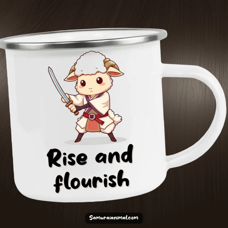 Funny camping mug featuring a dignified sheep character performing a sword flourish, ready for any wilderness quest.