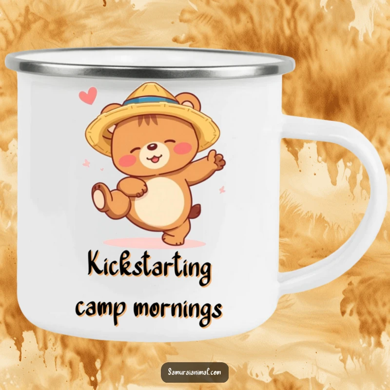 Funny bear cub camping mug of a sleepy bear in a straw hat, smiling while attempting a high kick outdoors.