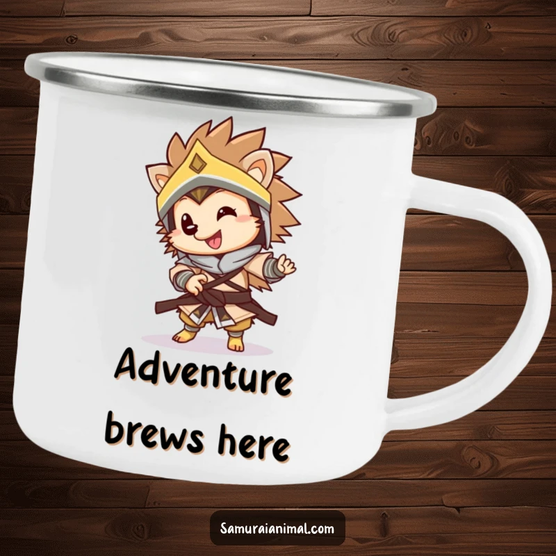 Funny warrior hedgehog camping mug featuring a happy, armored hedgehog in a dynamic spin, built for adventure and humor.