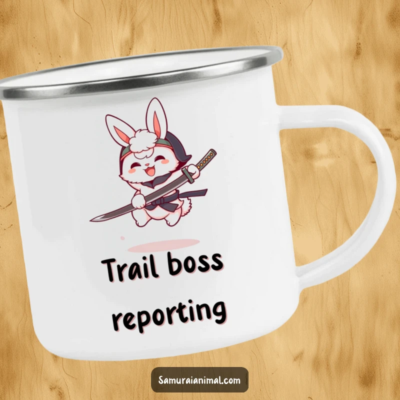 Funny fluffy bunny in a tiny helmet, cartoon katana mid-leap, joyful warrior, anime camping mug, durable outdoor gear.