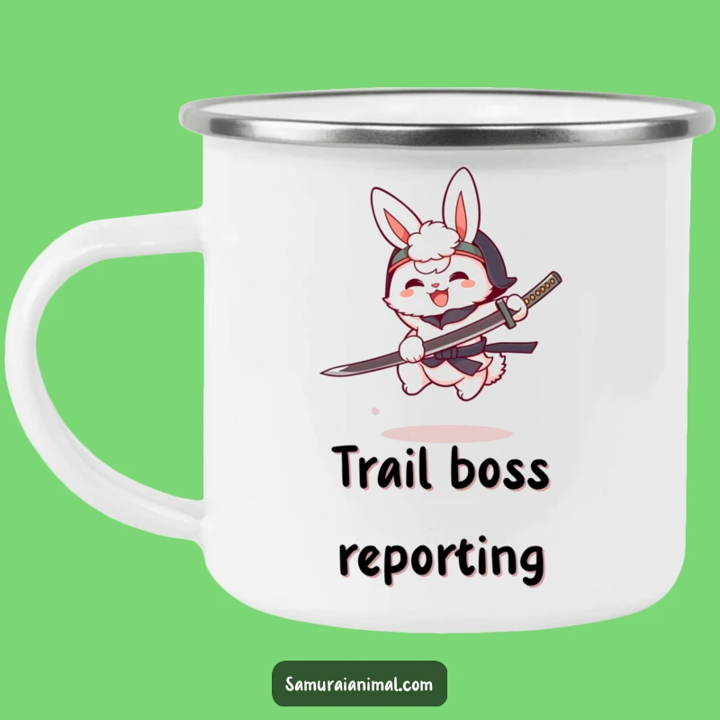 Funny Bunny Katana Camping Mug: Trail Adventures with a Cartoon Warrior