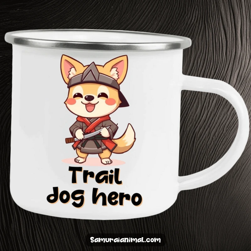 Funny Camping Mug featuring a cheerful dog dressed as a samurai, wagging its tail and holding a sai, ready for camping.