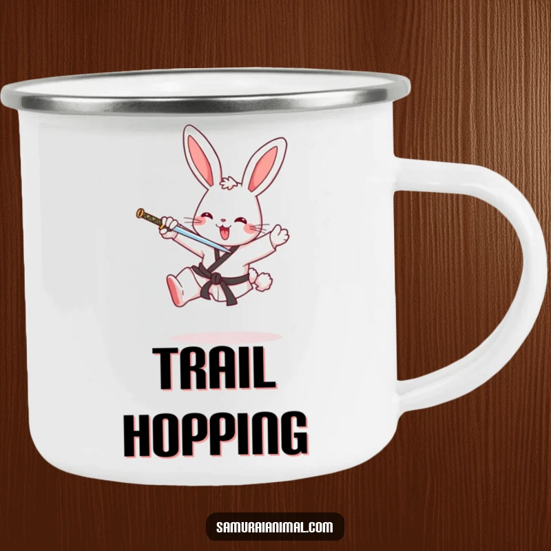 Funny camping mug depicting a cheerful bunny performing a karate kick, perfect for enjoying beverages with a dose of outdoor humor.