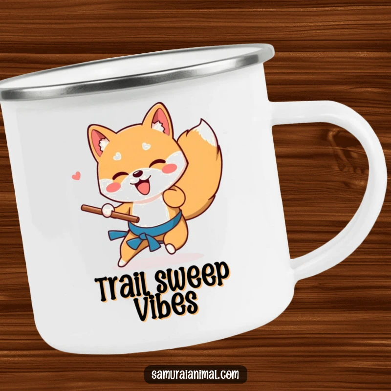 Funny Shiba Inu camping mug showing a playful dog performing a low sweep with a wooden stick, perfect for rugged use.