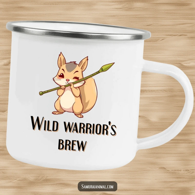 Funny camping mug with a brave squirrel holding a sharpened bamboo spear, ideal for outdoor enjoyment and adventurous spirit.
