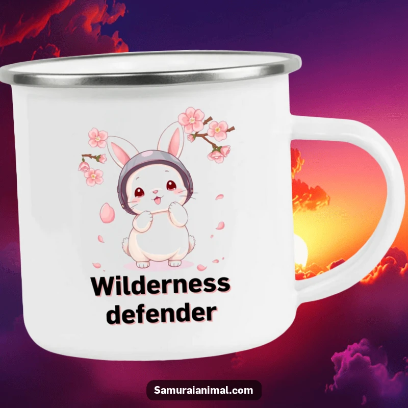 Funny Camping Mug featuring a fluffy bunny in a tiny helmet, bravely parrying a falling cherry blossom petal.