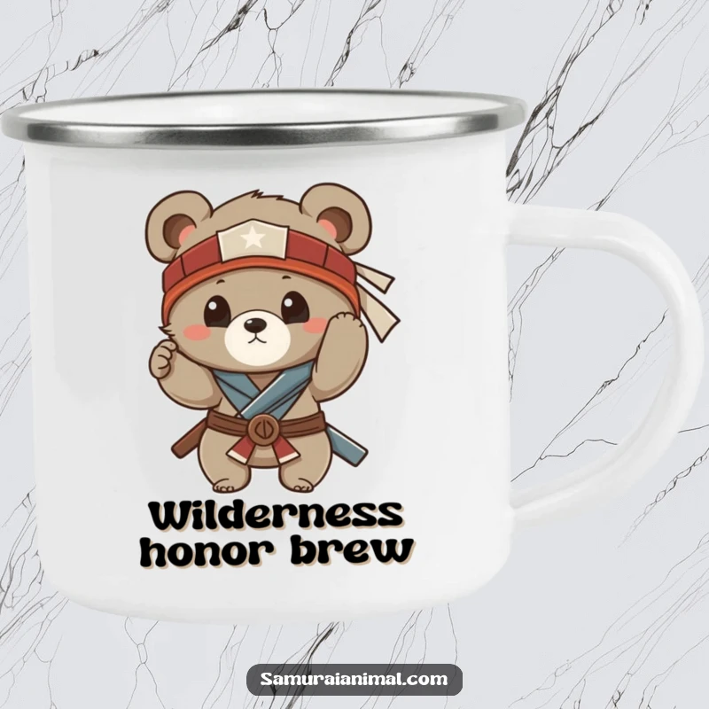 Funny and rugged camping mug with a small bear cub adjusting its samurai headband, ready for a funny outdoor escapade.
