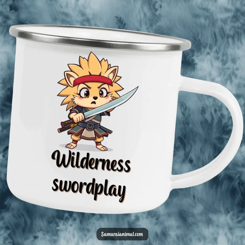 Funny Hedgehog Samurai Camping Mug with a surprised hedgehog warrior mid-flourish, ready for campfire stories.