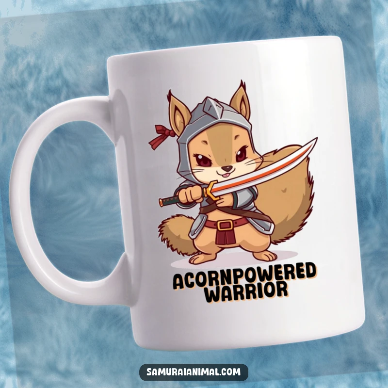 Funny squirrel mug featuring a brave warrior squirrel in armor, dramatically pointing a tiny katana forward.