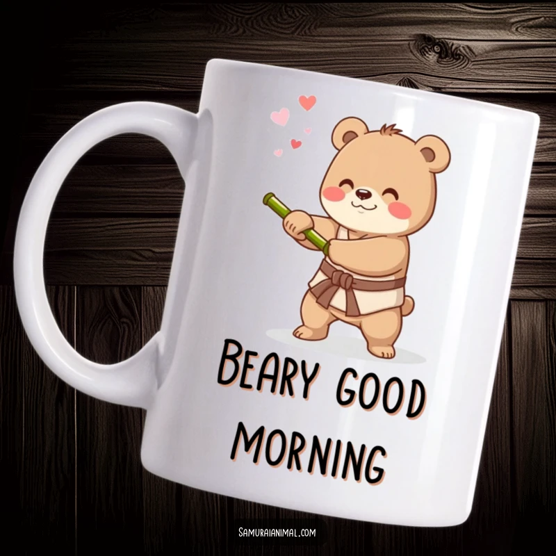 Funny mug illustrating a happy little bear diligently practicing sword swings with a bamboo stick, exuding determination and charm.
