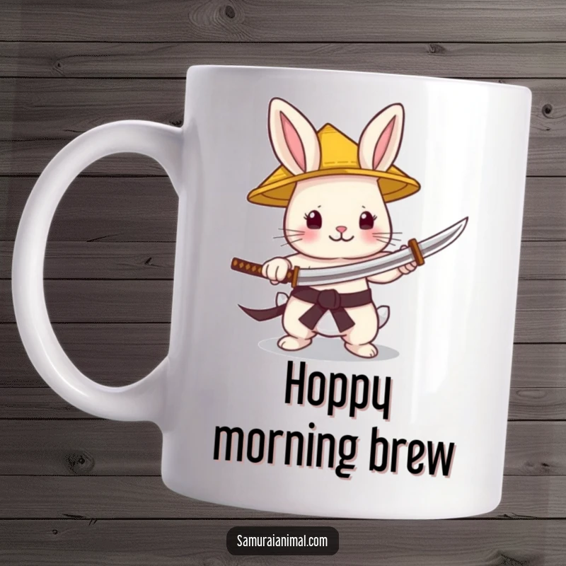 Funny Bunny Samurai mug featuring a tiny rabbit in a straw hat gleefully wielding a small katana, ready for action.