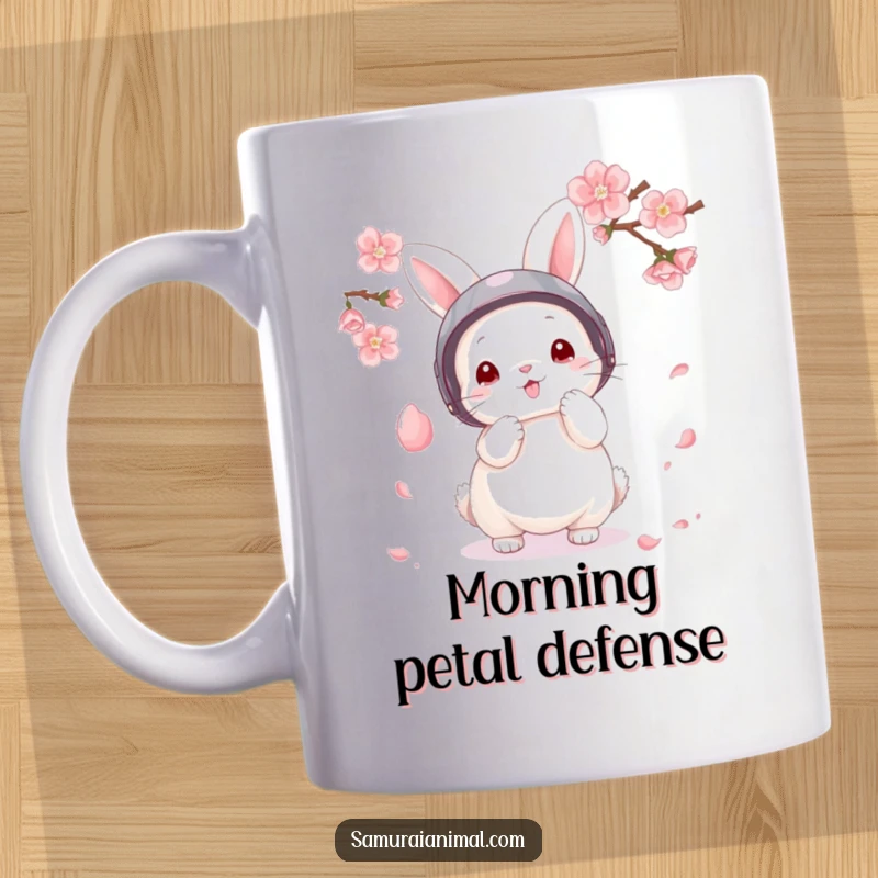 Funny Mug featuring a fluffy bunny in a tiny helmet bravely parrying a falling cherry blossom petal with determination.
