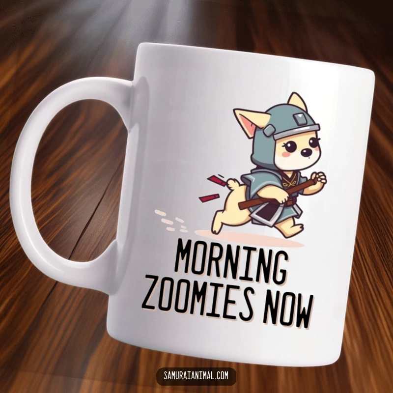 Funny Dog Samurai Mug showing a tiny dog in samurai gear playfully chasing its own wagging tail.