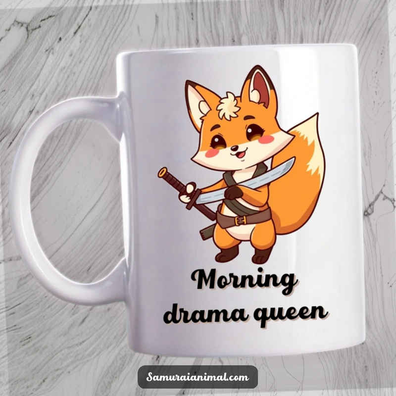 Funny Fox Adventure Mug: A cheerful fox with a tiny sword on its back strikes a dramatic pose, ready for adventure.