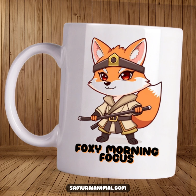Funny Fox Samurai Mug: A determined fox dressed in a samurai outfit striking a powerful, stoic pose.
