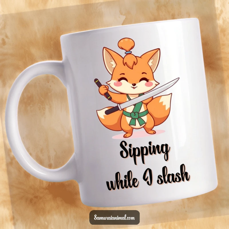 Funny fox mug featuring a mischievous fox with a topknot, happily practicing a swift sword flourish, ready for excitement.