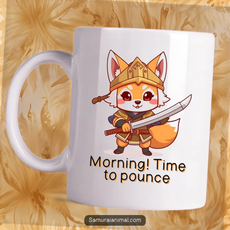 Funny Fox Warrior Mug, a cheerful fox in a traditional helmet brandishes a toy sword, ready for fun.