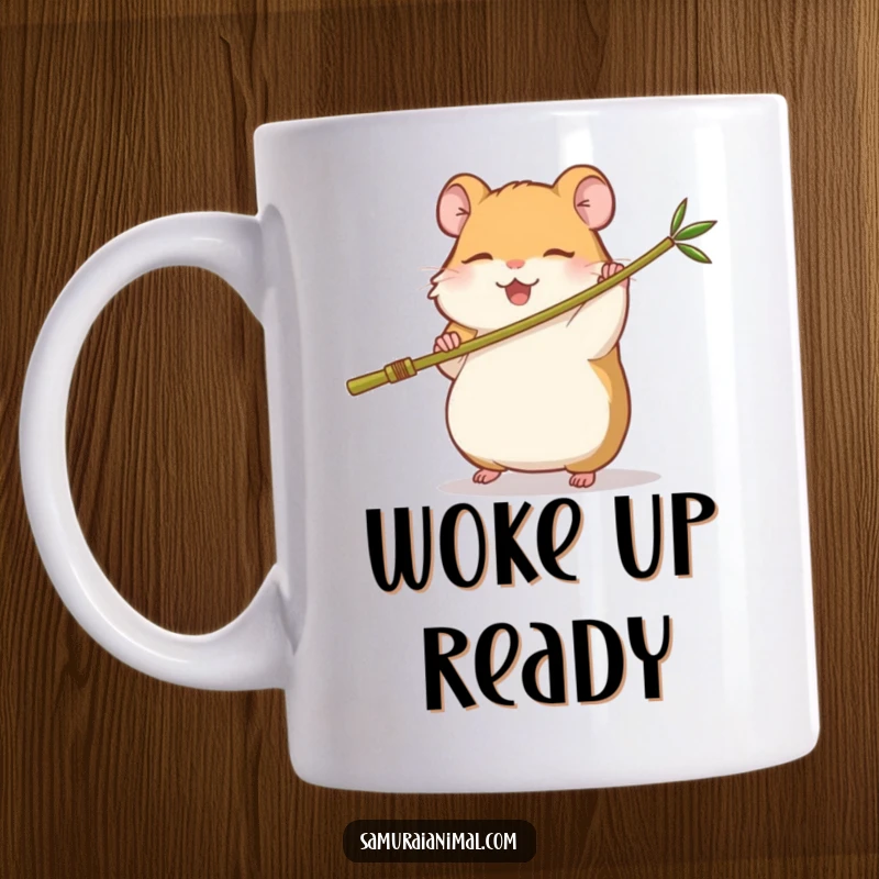 Funny mug showing a sleepy hamster playfully swinging a miniature bamboo staff with immense joy and focus on its martial arts practice.