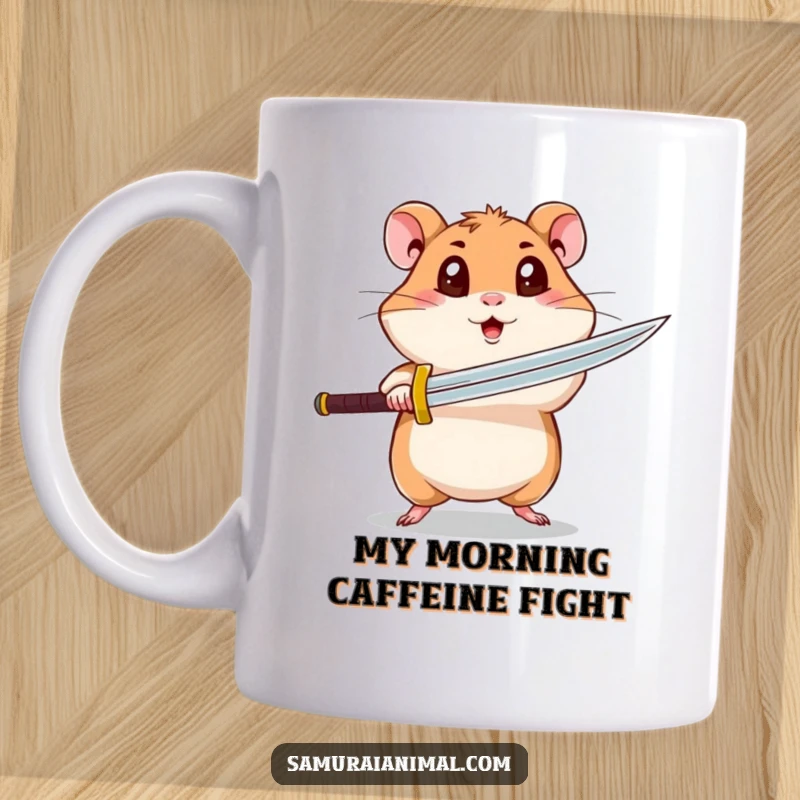 Funny hamster mug showing a curious hamster with wide eyes attempting a fierce, spinning sword attack.