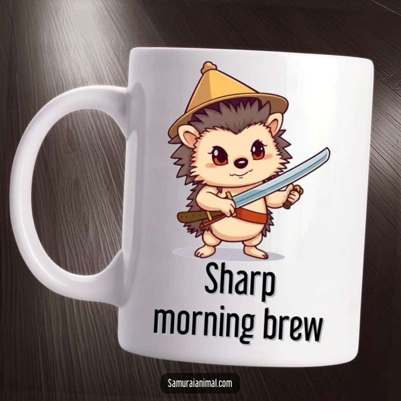 Funny Hedgehog Sword Mug: A confident hedgehog wearing a conical hat poses with a sword, exuding bravery and charm.