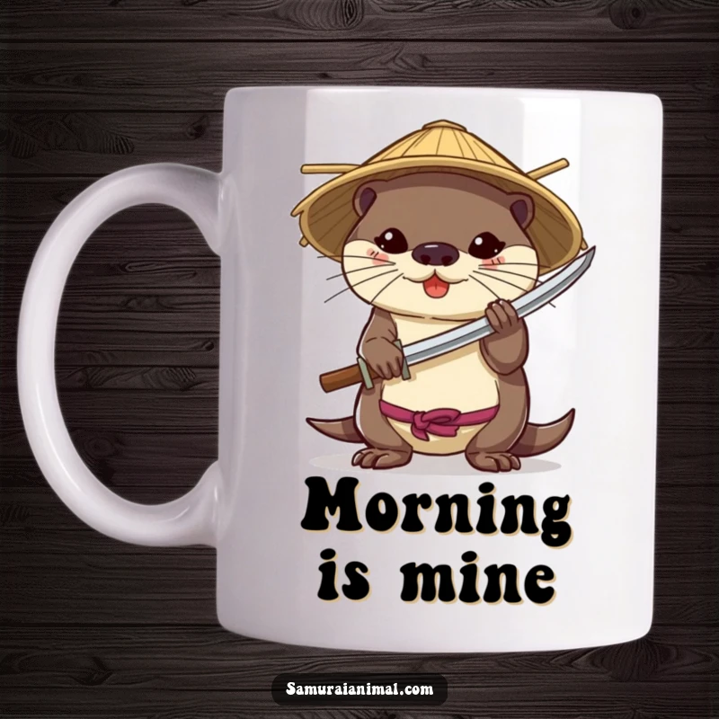 Funny mug featuring a brave otter wearing a bamboo hat, expertly wielding a miniature katana with a focused expression.