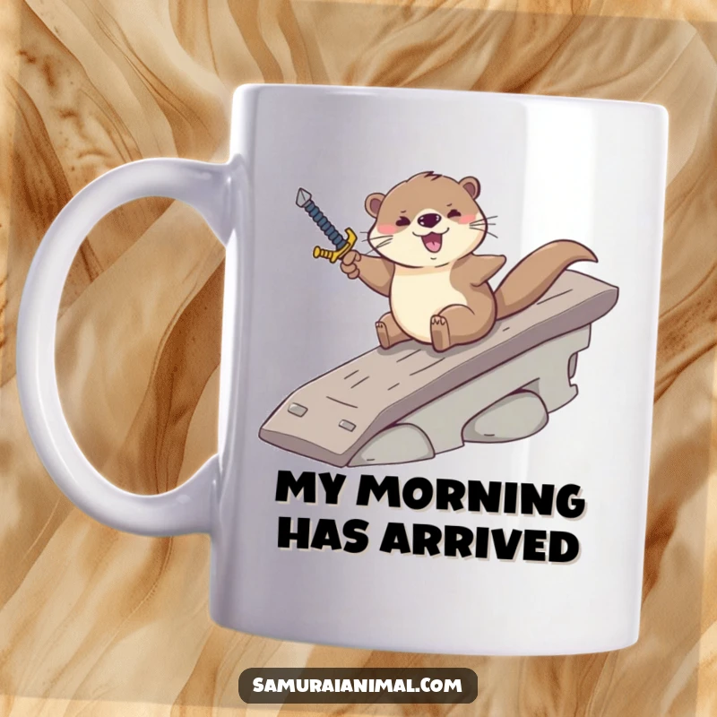 Funny mug featuring a playful otter superhero sliding down a ramp with a sword, ready for action and adventure.