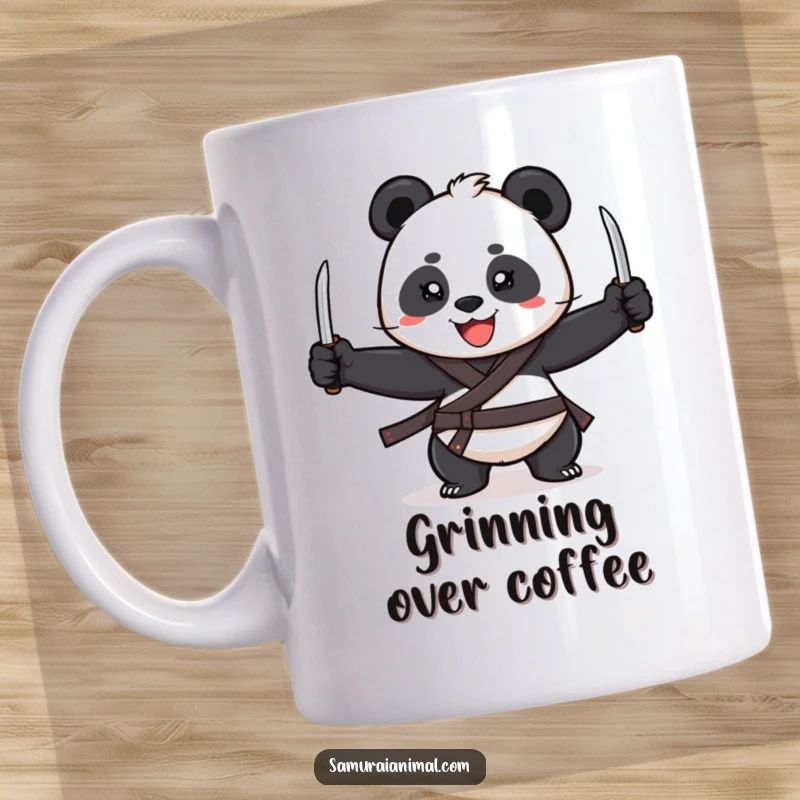 Funny Mug featuring a cheerful panda with a wide grin, skillfully juggling three tiny katanas with impressive dexterity.
