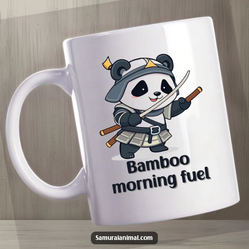 Funny Panda Samurai mug featuring a plump panda in armor playfully spinning a bamboo sword, exuding martial arts charm.