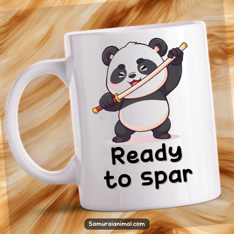Funny plump panda wielding a toothpick sword, fierce but comical expression, determined grin, animal warrior mug.