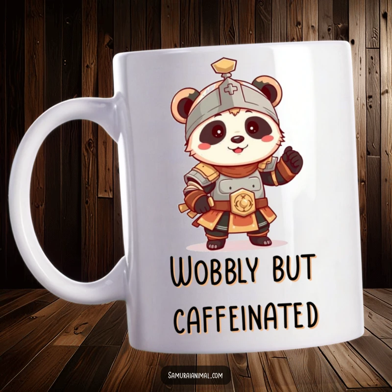 Funny Panda Warrior Mug, a tiny panda in ancient armor striking a playful, wobbly pose, cute and humorous.