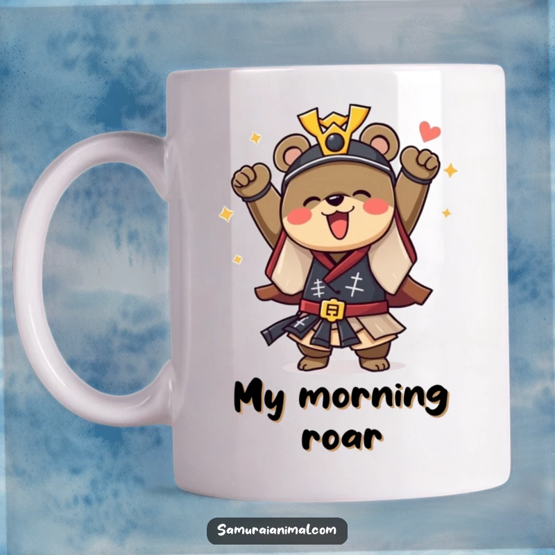 Funny mug depicting a courageous bear dressed in a samurai outfit, cheering with pure joy after a victorious battle.