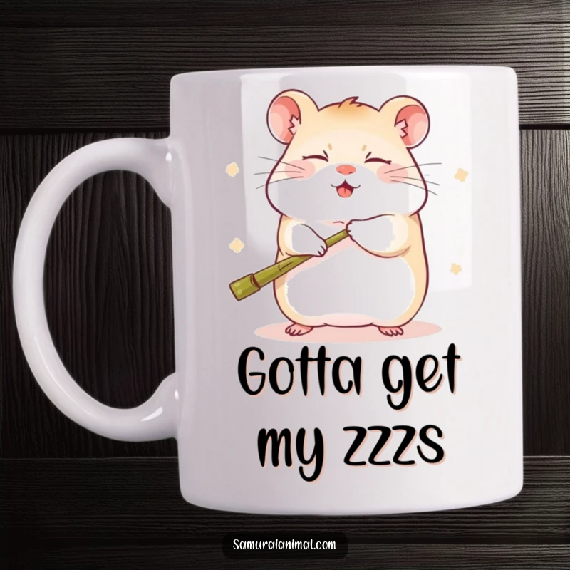 Funny mug featuring a sleepy hamster in a cute kung fu stance, playfully swinging a tiny bamboo staff with a joyful expression.
