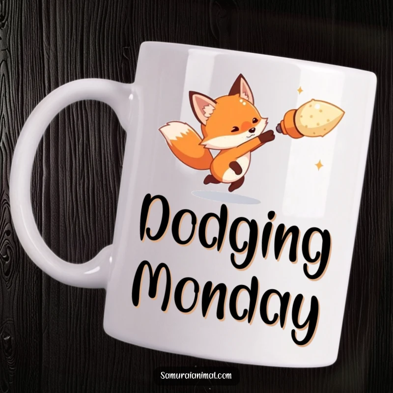 Funny tiny fox artfully dodging an oversized imaginary projectile with swift movement, a humorous design on a mug.