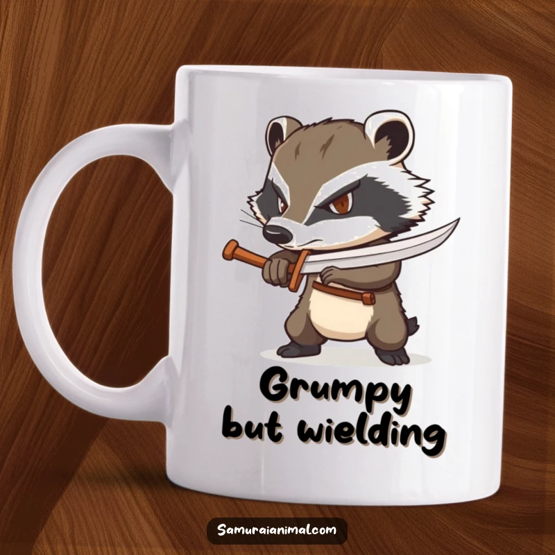 Funny badger mug featuring a determined warrior badger wielding a tiny wooden sword with confidence.