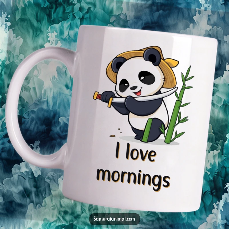 Funny mug showing a smiling panda in a straw hat furiously chopping bamboo with a tiny katana, looking determined.