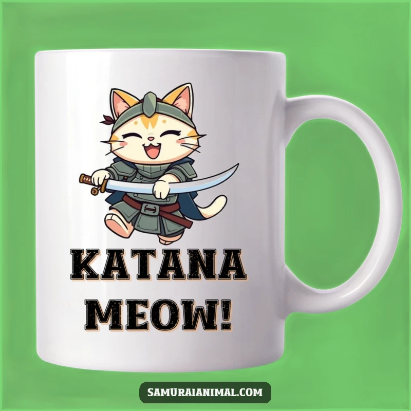 Funny Cat Knight Mug: Smiling Warrior Leaping With Katana, Perfect Warrior Gift