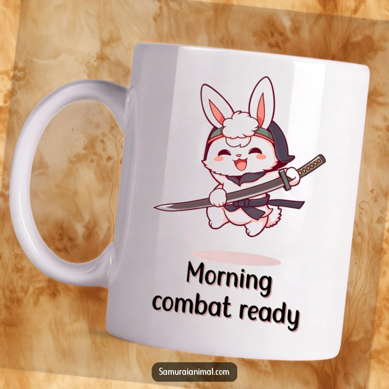 Funny fluffy bunny in a tiny helmet, joyfully brandishing a cartoon katana, mid-leap action, cute warrior mug.