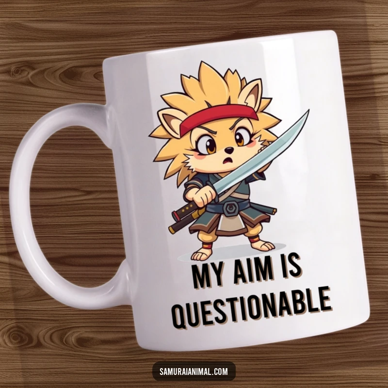 Funny Hedgehog Samurai Mug with a surprised expression, attempting a dramatic sword flourish with a tiny katana.