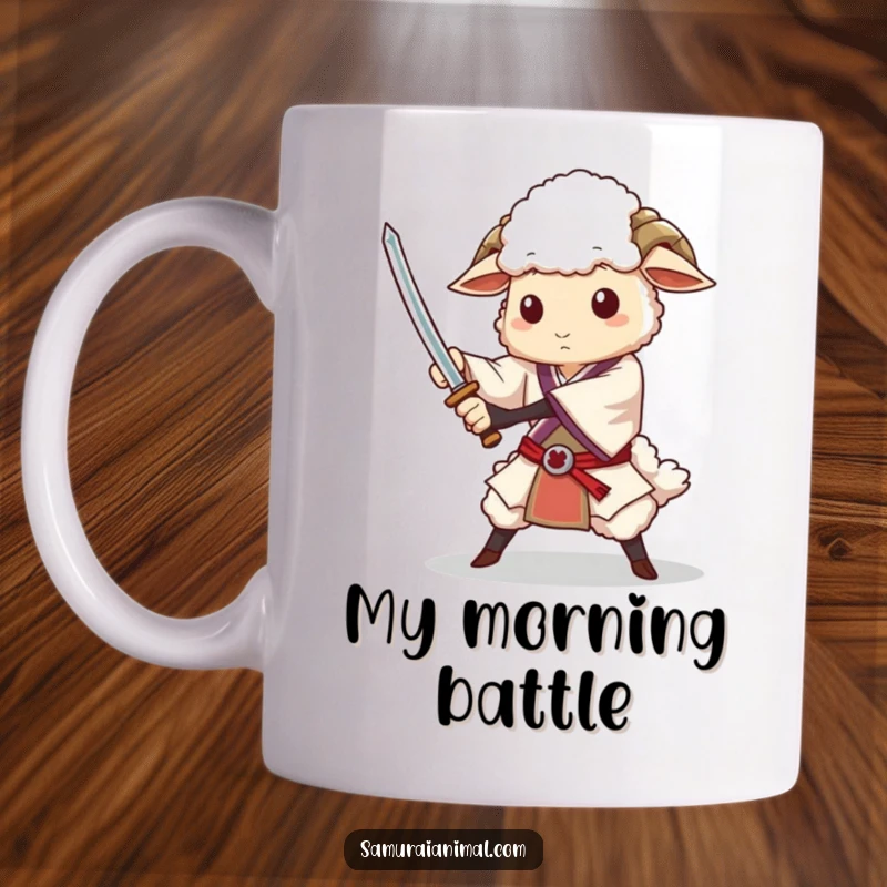 Funny mug featuring a dignified sheep with a sword, performing a graceful flourish, ready for battle with a smile.