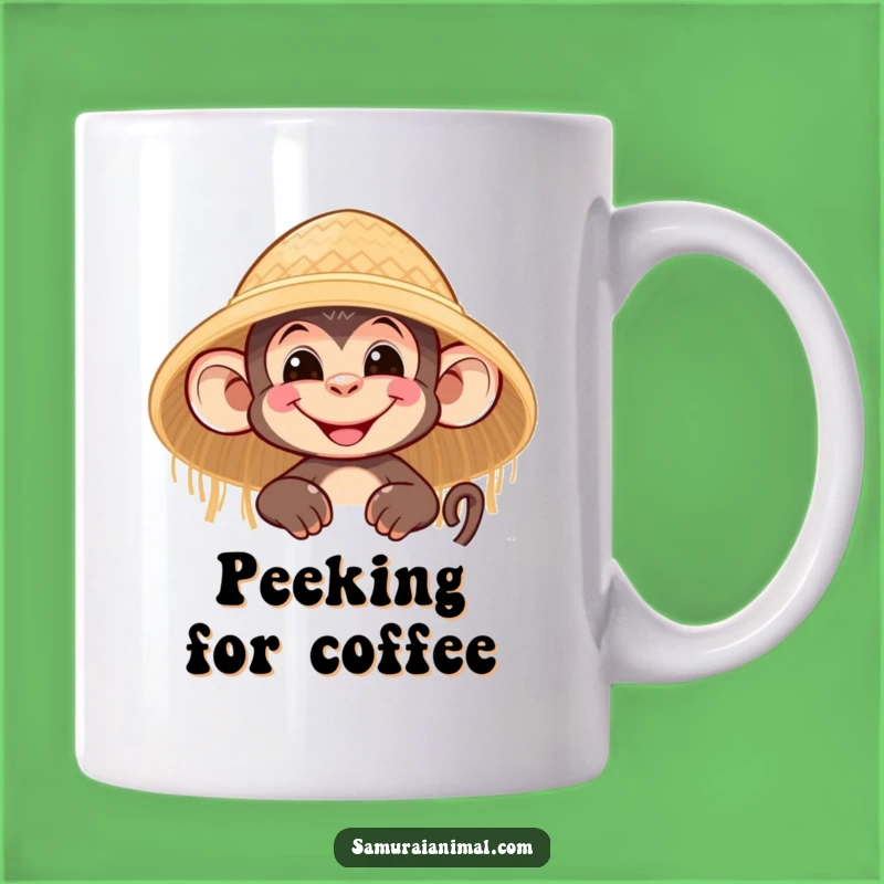 Funny Monkey Grin Mug: Nimble Character's Peeking Straw Hat Gift