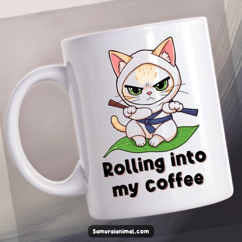Funny determined cat in ninja pose, practicing rolls on a leaf with intense focus, a stealthy mug design.