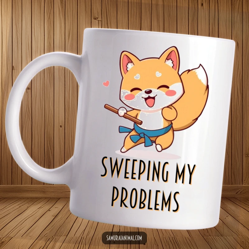 Funny Shiba Inu mug featuring a playful dog performing a swift, low sweep with a wooden stick, embodying canine energy.