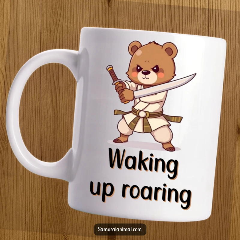 Funny mug featuring a strong bear cub practicing sword forms with intense enthusiasm and a determined expression.