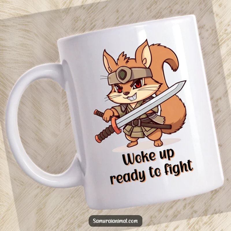 Funny squirrel samurai mug, playful character brandishing wooden katana, determined grin, cute warrior art.